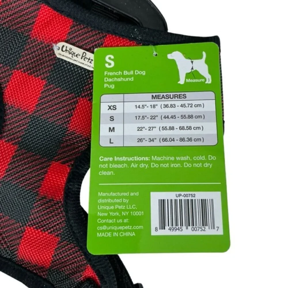 Unique Petz Dog Small Harness Adjustable Comfy Tartan Plaid Red Black SZ S
